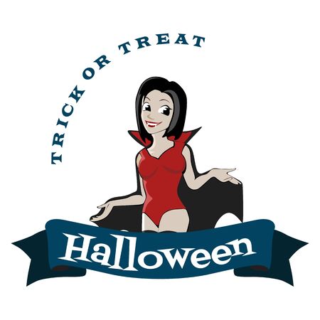 Halloween gothic party with vampire girl, fun background for horror invitation on vamp cosplay, sexy dracula woman with fangs on vector flyer, nightlife poster or banner illustrationのイラスト素材