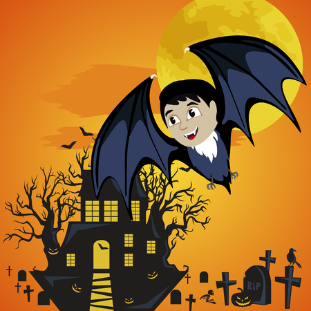 Vampire bat flying on the full moon on cemetery with horror pumpkin and dracula castle.のイラスト素材