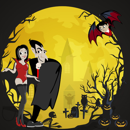 Halloween backgrounds with vampire family couple - man, girl and baby bat, castle on cemetery, Draculas monster in cloak flat vector illustrations, for Halloween party invitation or flyer, greeting cardのイラスト素材