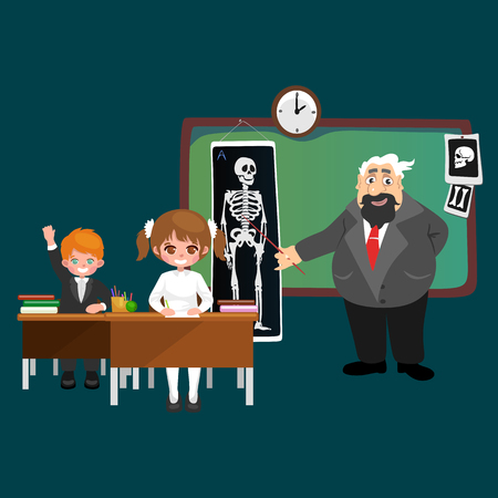 professor and student illustration, Girl and boy with teacher in college classroom, vector campus university, education at school concept, lecturer teaching students.のイラスト素材