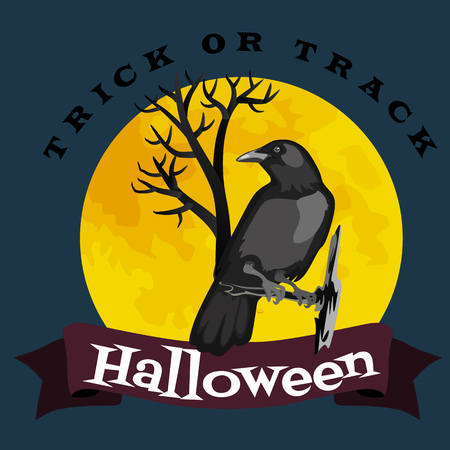 Black raven in moonlight perched on tree. Scary, creepy, gothic setting. Halloween night vector illustration.のイラスト素材