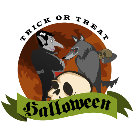 Werewolf holding skull with vampire on halloween on the cemetery background, horror wolf at night vector invitation, autumn holiday illustration.のイラスト素材