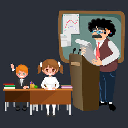 professor and student illustration, Girl and boy with teacher in college classroom, vector campus university, education at school concept, lecturer teaching studentsの写真素材