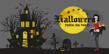 halloween gothic party with vampire girl, fun background for horror invitation on vamp cosplay, sexy dracula woman with fangs on vector flyer, cemetery nightlife poster or banner illustrationの写真素材