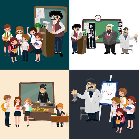 professor and student illustration, Girl and boy with teacher in college classroom, vector campus university, education at school concept, lecturer teaching studentsの写真素材