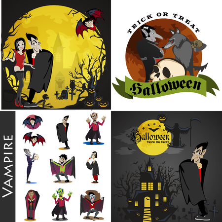 Halloween backgrounds set with vampire and their castle under full moon and cemetery, Draculas monster in coffin flat vector illustrations, good for Halloween party invitation or flyer, greeting cardの写真素材