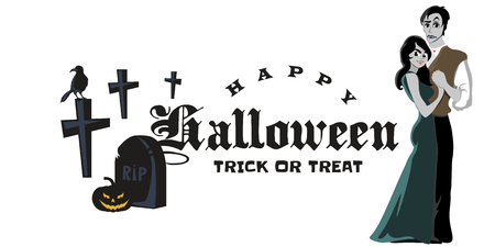 halloween gothic party with vampire couple, fun background for horror invitation on vamp cosplay, dracula teeth and fangs on vector flyer, white man and woman nightlife poster or banner illustrationの写真素材