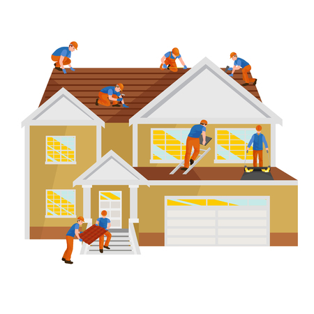Repairing rooftop tile house with labor equipment illustration.のイラスト素材