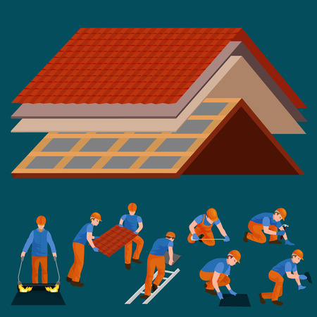 Roof construction worker repair home, build structure fixing rooftop tile house with labor equipment, roofer men with work tools in hands outdoors renovation residential illustrationのイラスト素材