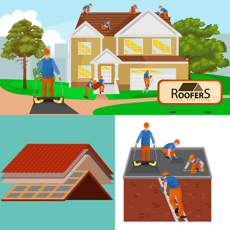 Roof construction worker repair home, build structure fixing rooftop tile house with labor equipment, roofer men with work tools in hands outdoors renovation residential illustrationのイラスト素材