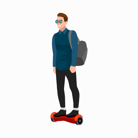 active peoples fun with electric scooter, family on segway new modern technology hoverboard, man woman and child self balance wheel transport gyroscooter ride the street vector illustrator.のイラスト素材
