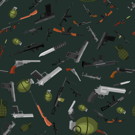 military gun seamless pattern, automatic and hand weapon in magazine barrel with bullets for protection shoting or war texture, handgun for hunting and police equipment background vector illustration.のイラスト素材
