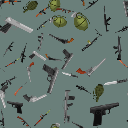 military gun seamless pattern, automatic and hand weapon in magazine barrel with bullets for protection shoting or war texture, handgun for hunting and police equipment background vector illustration.のイラスト素材