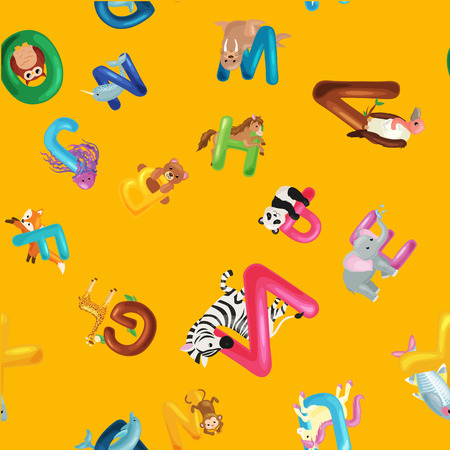 Seamless patterns with cute english illustrated zoo alphabet with cute cartoon animals isolated on white background. Vector illustration for kids education, foreign language study.のイラスト素材