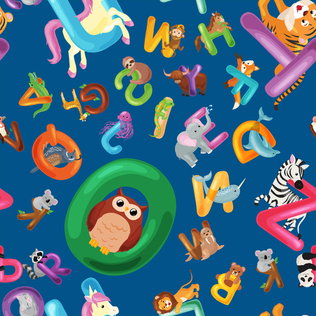 Seamless patterns with cute english illustrated zoo alphabet with cute cartoon animals isolated on white background. Vector illustration for kids education, foreign language study.のイラスト素材