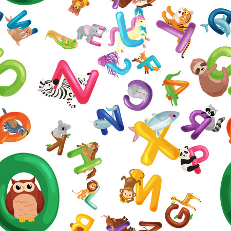 Seamless patterns with cute english illustrated zoo alphabet with cute cartoon animals isolated on white background. Vector illustration for kids education, foreign language study.の写真素材