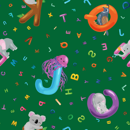 Seamless patterns with cute english illustrated zoo alphabet with cute cartoon animals isolated on white background. Vector illustration for kids education, foreign language study.の写真素材
