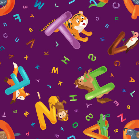 Seamless patterns with cute english illustrated zoo alphabet and cute cartoon animals isolated on white background. Vector illustration for kids education, foreign language study.のイラスト素材