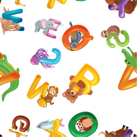 Seamless patterns with cute english illustrated zoo alphabet with cute cartoon animals isolated on white background. Vector illustration for kids education, foreign language study.のイラスト素材