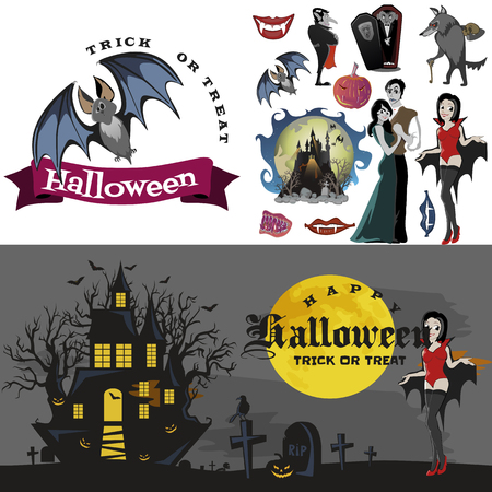 Halloween backgrounds sat with vampire and their castle under the full moon and cemetery, Dracula with fangs teeth, monster in a coffin flat vector illustrations, good for Halloween party invitation or flyer, greeting card, trick or treat decorationのイラスト素材