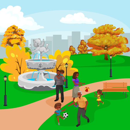 Happy family in park with fountain, boys and girls playing outdoors around garden waterfall, casual people in vacation vector illustrationのイラスト素材