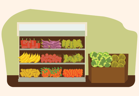 Fruit and vegetables shelf with fresh healthy food in supermarket, big choice of organic products sale in shop interior, store vector illustration.のイラスト素材