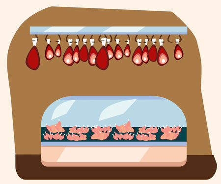 Meat department, pork shelf with fresh beef and steak food in supermarket fridge, big choice of organic farm products sale in food shop interior, store with sausage vector illustration.のイラスト素材