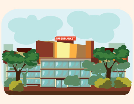 Supermarket building , food and other products sale in city shop facade, urban store construction, market exterior with windows signs and doors, architecture vector illustration.のイラスト素材