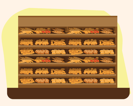 Bakery shelf with bread in supermarket, big choice of fresh products sale in food shop interior, store vector illustration.のイラスト素材