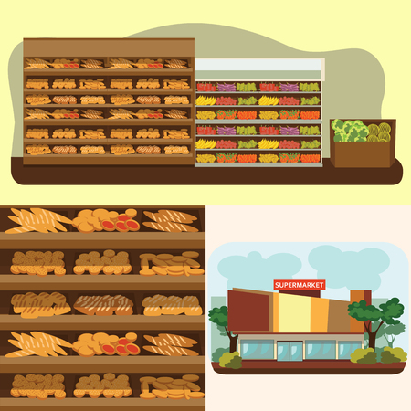 Bakery shelf with bread in supermarket, big choice of fresh products sale in food shop interior, store vector illustration.のイラスト素材