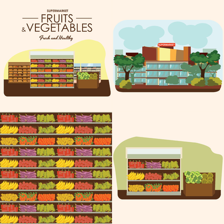 Fruit and vegetables shelf with fresh healthy food in supermarket, big choice of organic products sale in food shop interior, vector illustration.のイラスト素材