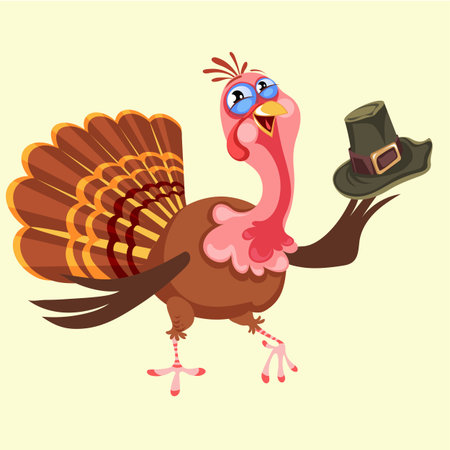Cartoon thanksgiving turkey character in hat, autumn holiday bird vector illustration happy greeting text on flyer or card on white backgroundのイラスト素材