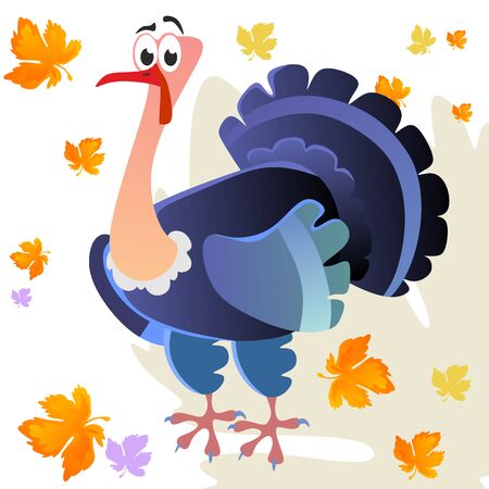 Cartoon thanksgiving turkey character, autumn holiday bird vector illustration on white background with falling leaves.のイラスト素材