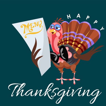 Cartoon thanksgiving turkey character in hat, autumn holiday bird vector illustration happy greeting text on flyer or card on white backgroundのイラスト素材