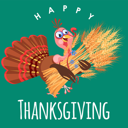 Cartoon thanksgiving turkey character in hat, autumn holiday bird vector illustration happy greeting text on flyer or card on white backgroundの写真素材