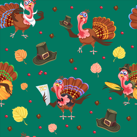 Seamless pattern cartoon thanksgiving turkey character in hat with harvest, leaves, acorns, corn, autumn holiday bird vector illustration background for fabric textile or wrappingのイラスト素材