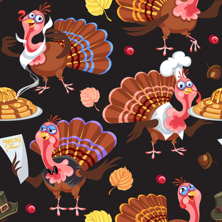 Seamless pattern cartoon thanksgiving turkey character in hat with harvest, leaves, acorns, corn, autumn holiday bird vector illustration background for fabric textile or wrappingのイラスト素材