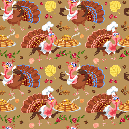 Seamless pattern cartoon thanksgiving turkey character in hat with harvest, leaves, acorns, corn, autumn holiday bird vector illustration background for fabric textile or wrappingのイラスト素材