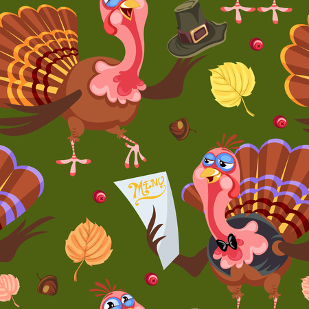 Seamless pattern cartoon thanksgiving turkey character in hat with harvest, leaves, acorns, corn, autumn holiday bird vector illustration background for fabric textile or wrappingのイラスト素材