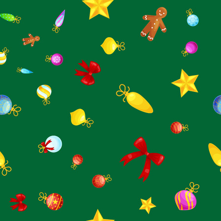 Christmass seamless pattern gingerbread man cookies, jingle bells stocking gifts, xmas background decoration elements texture vector ornament illustration, winter holiday sock with candy and presentsのイラスト素材