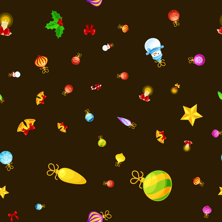 Christmass seamless pattern gingerbread man cookies, jingle bells stocking gifts, xmas background decoration elements texture vector ornament illustration, winter holiday sock with candy and presentsのイラスト素材