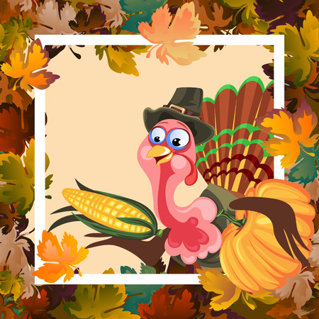 Cartoon thanksgiving turkey character holding pumpkin and corn harvest, autumn holiday bird vector illustration background framed leaves and white frameのイラスト素材