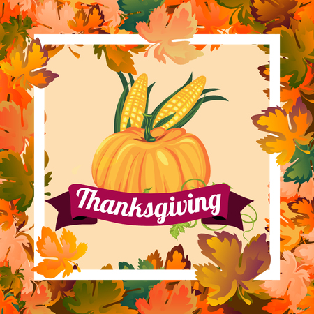 pumpkin with two corn cobs in green leaves, autumn food background vector illustration, vegetable harvesting, thanksgiving day productsのイラスト素材