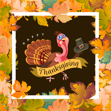 Cartoon thanksgiving turkey character holding hat, autumn holiday bird vector illustration happy greeting text on flyer or card on backgroundのイラスト素材