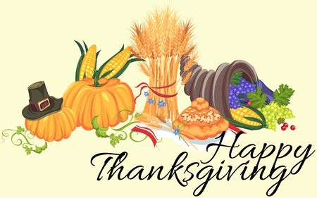 Harvest set, organic foods like fruit and vegetables, happy thanksgiving dinner background, vector illustration harvesting with pumpkin and stack of wheat ears, cranberry berries, bunches of grapesのイラスト素材