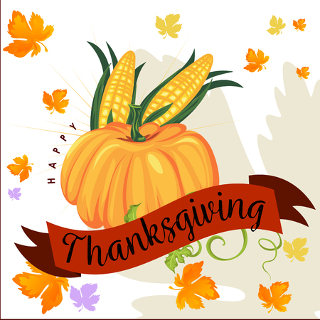 pumpkin with two corn cobs in green leaves, autumn food background vector illustration, vegetable harvesting, thanksgiving day productsのイラスト素材