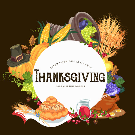 Harvest organic foods like fruit and vegetables, happy thanksgiving dinner card or banner background, harvesting grapes vector illustrationのイラスト素材