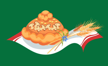 Freshly baked bread lies on a towel, pastry for Thanksgiving day, greeting card with spikelets of wheat as a symbol of harvest vector illustrationのイラスト素材