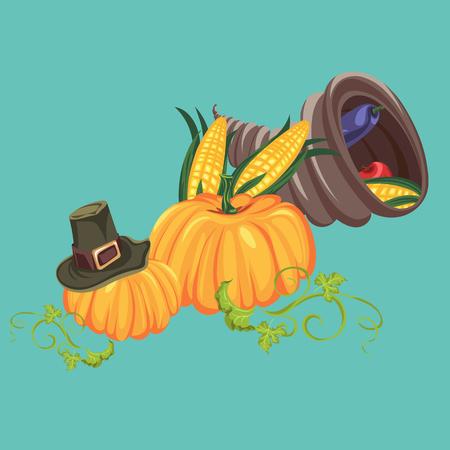 Harvest set, organic foods like fruit and vegetables, happy thanksgiving dinner background, vector illustration harvesting with pumpkin and stack of wheat ears, cranberry berries, bunches of grapesのイラスト素材