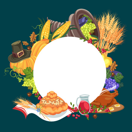 Harvest organic foods like fruit and vegetables, happy thanksgiving dinner card or banner background, harvesting grapes vector illustrationの写真素材